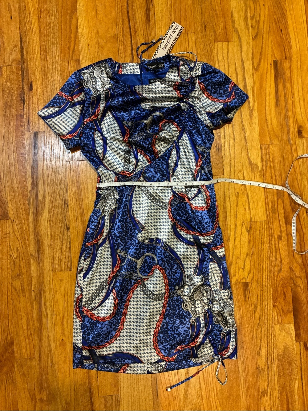 NWT Newport News Vintage Satin Ruched Chain and Stirrup Scarf Print Sheath Dress